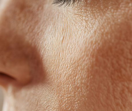 Nahaufnahme von Hauttextur mit feinen Linien und Poren.