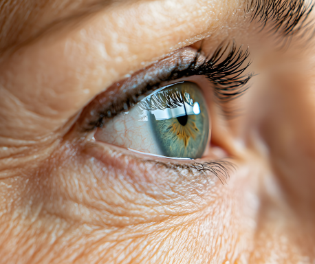 Nahaufnahme eines menschlichen Auges mit graublauer Iris und feinen Wimpern.